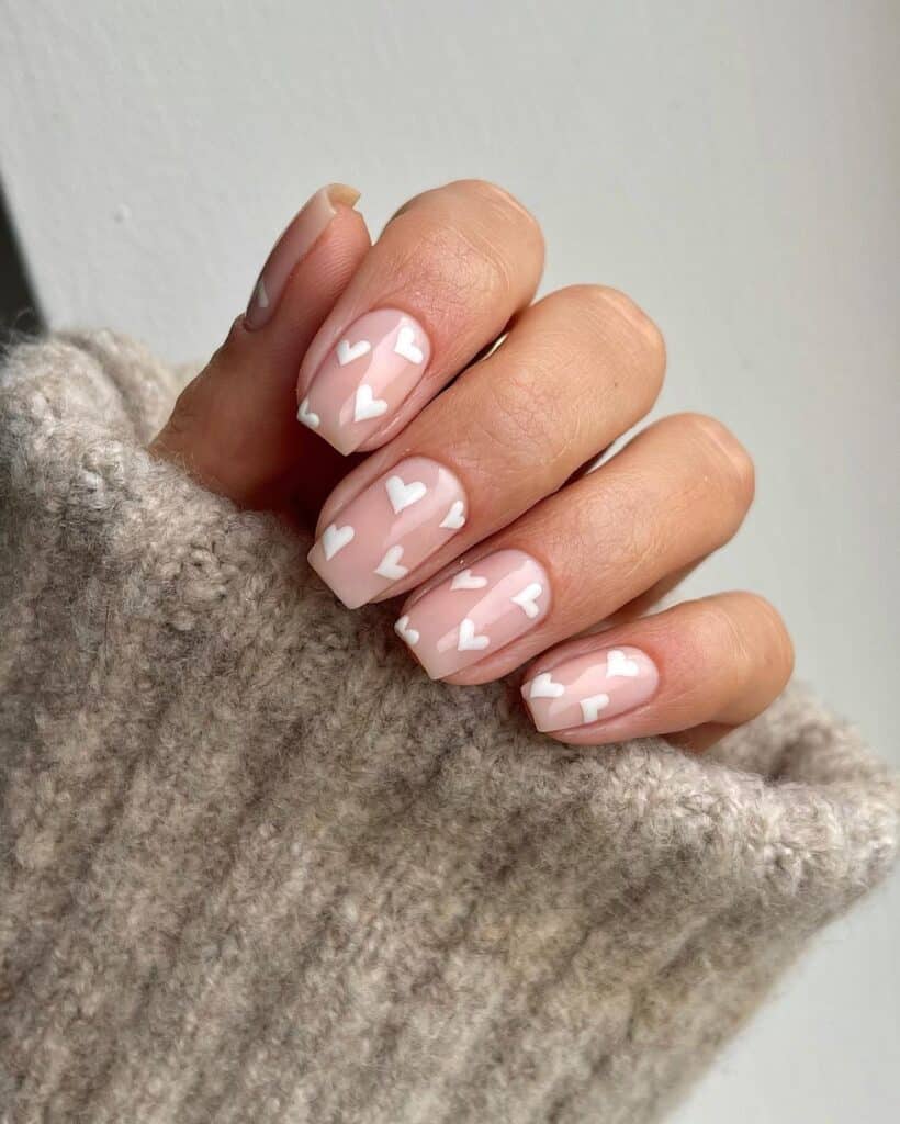 Scattered White Hearts Short Square Nails Scattered White Hearts Short Square Nails — Short Acrylic Nails
