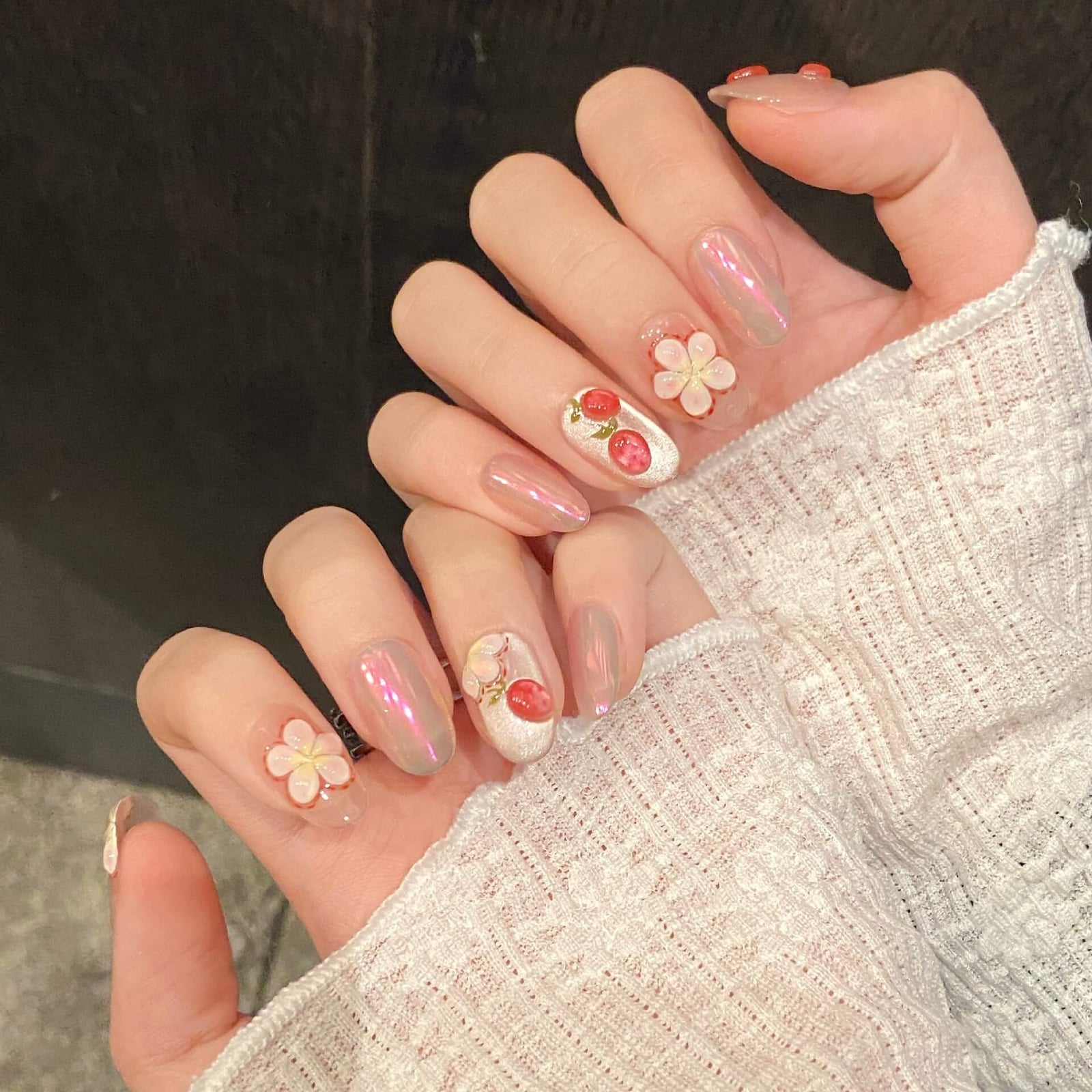 3D Floral Strawberry Short Almond Nails 3D Floral Strawberry Short Almond Nails — Short Acrylic Nails