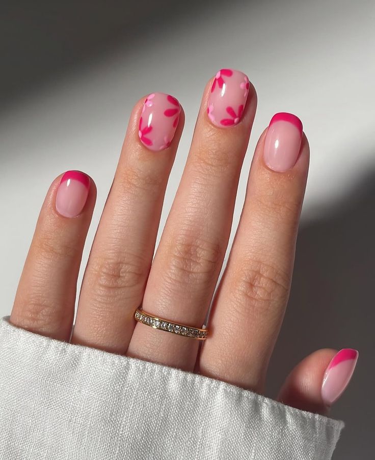 Pink Floral French Short Oval Nails Pink Floral French Short Oval Nails — Short Acrylic Nails