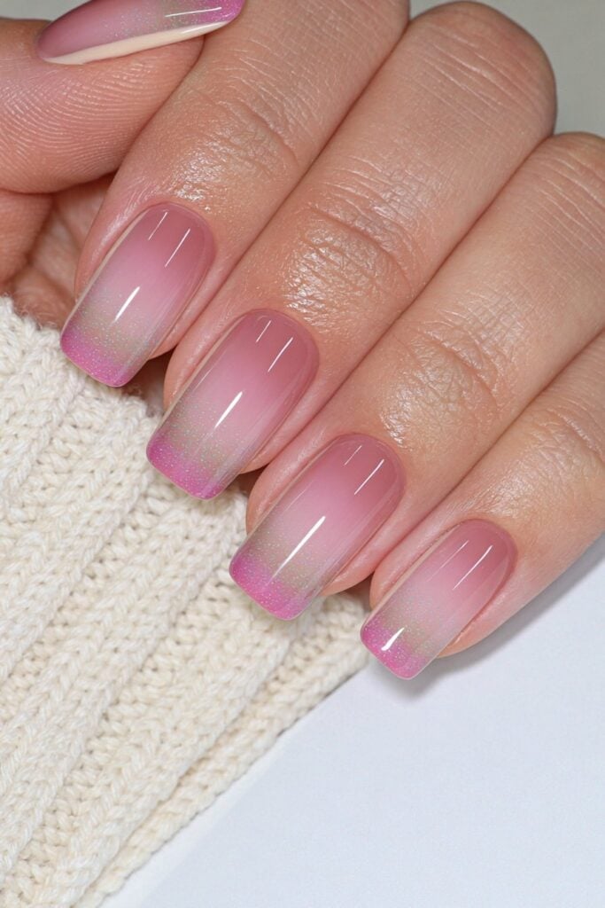 Pink Nude Glitter Ombre Short Soft Square Nails Pink Nude Glitter Ombre Short Soft Square Nails — Short Acrylic Nails