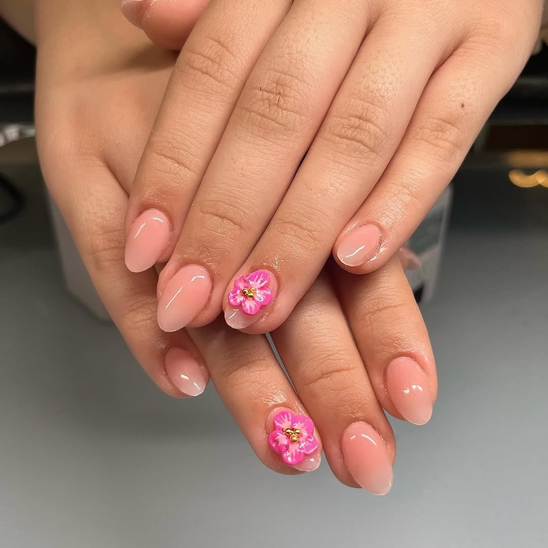 3D Pink Floral Gold Accent Short Almond Nails 3D Pink Floral Gold Accent Short Almond Nails — Short Acrylic Nails