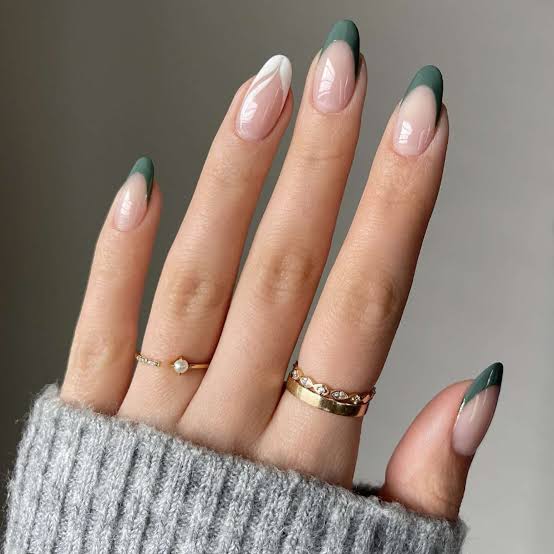 Deep Green French Tip Sheer Pink Short Almond Nails Deep Green French Tip Sheer Pink Short Almond Nails