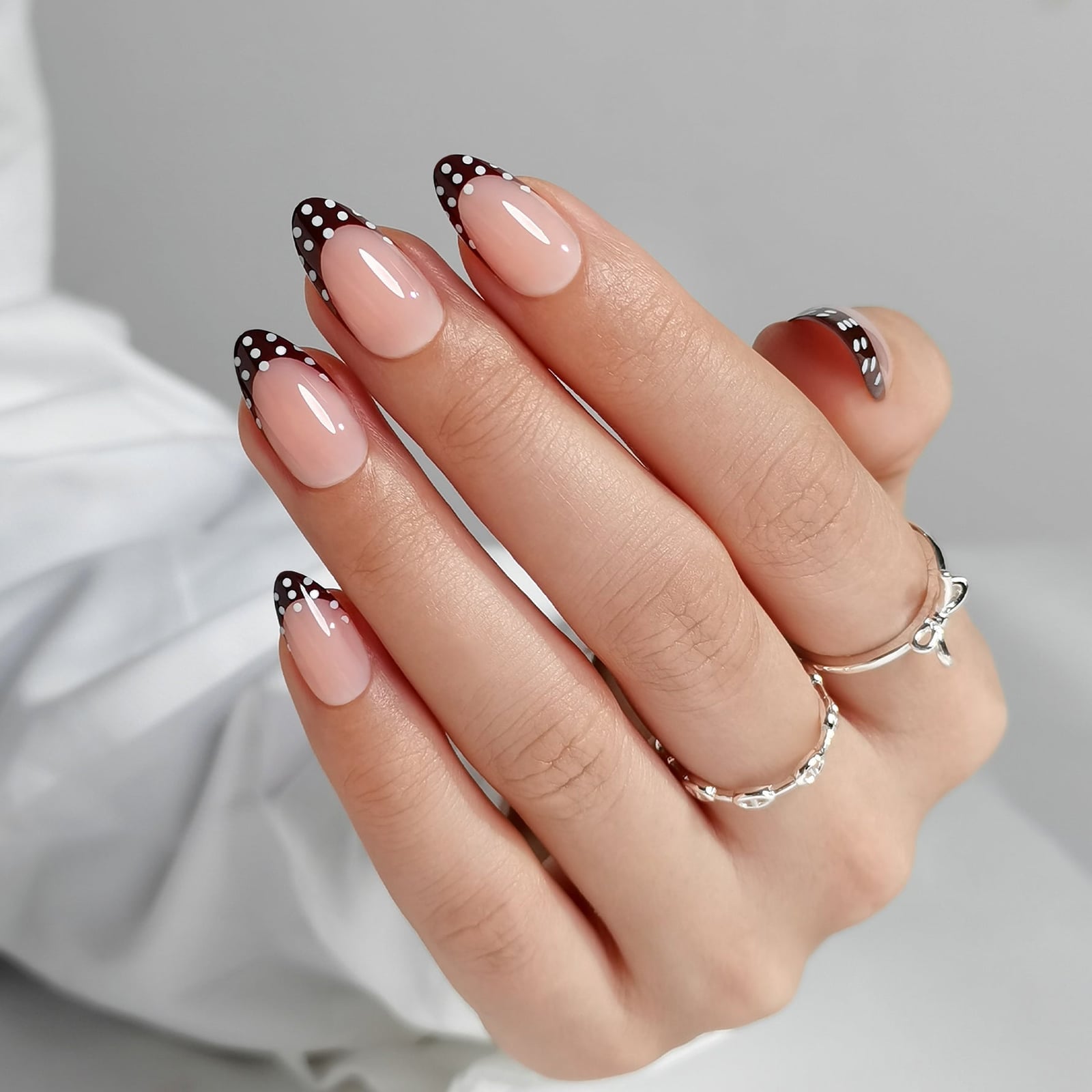Nude Base Black Polka Dot French Tip Short Almond Nails Nude Base Black Polka Dot French Tip Short Almond Nails