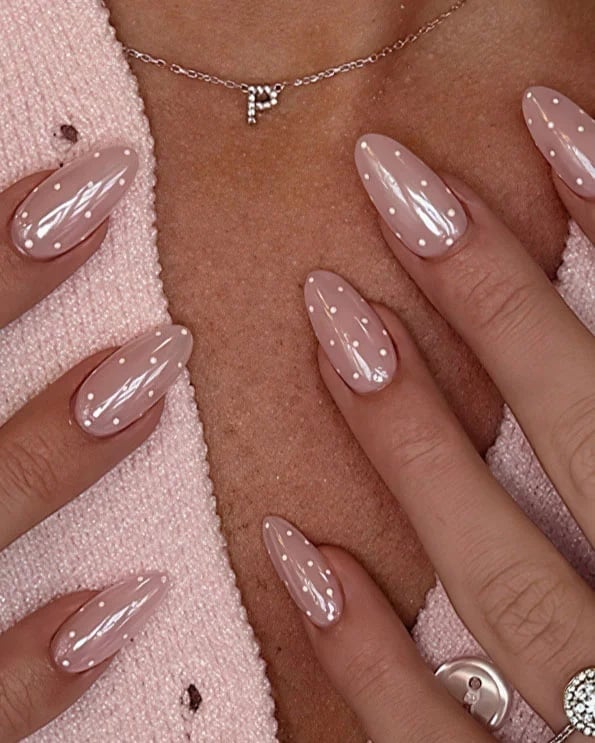 Pale Pink White Polka Dot Glossy Short Almond Nails Pale Pink White Polka Dot Glossy Short Almond Nails