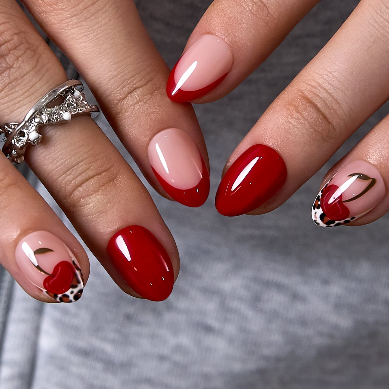 Cherry Print Leopard Accent Red French Tip Short Almond Nails Cherry Print Leopard Accent Red French Tip Short Almond Nails