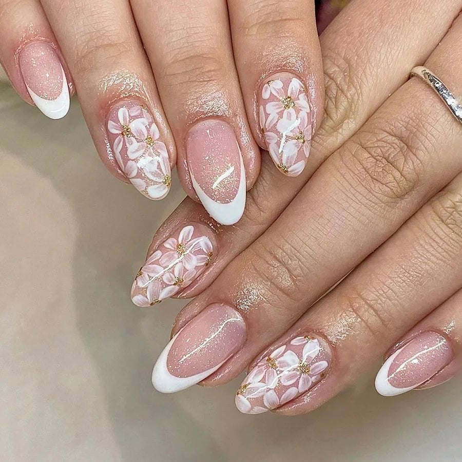 Pink Floral Motif Gold Detail Glitter French Tip Short Almond Nails Pink Floral Motif Gold Detail Glitter French Tip Short Almond Nails
