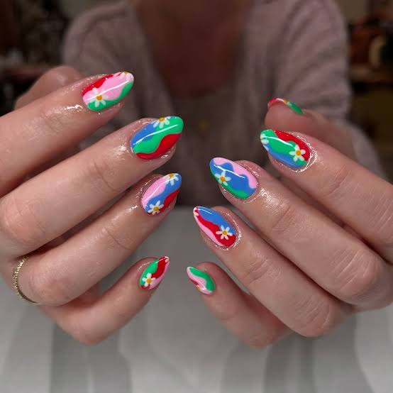 Colorful Abstract Floral Pattern Short Almond Nails Colorful Abstract Floral Pattern Short Almond Nails