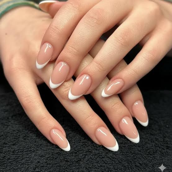 Thin White French Tip Sheer Nude Short Almond Nails Thin White French Tip Sheer Nude Short Almond Nails