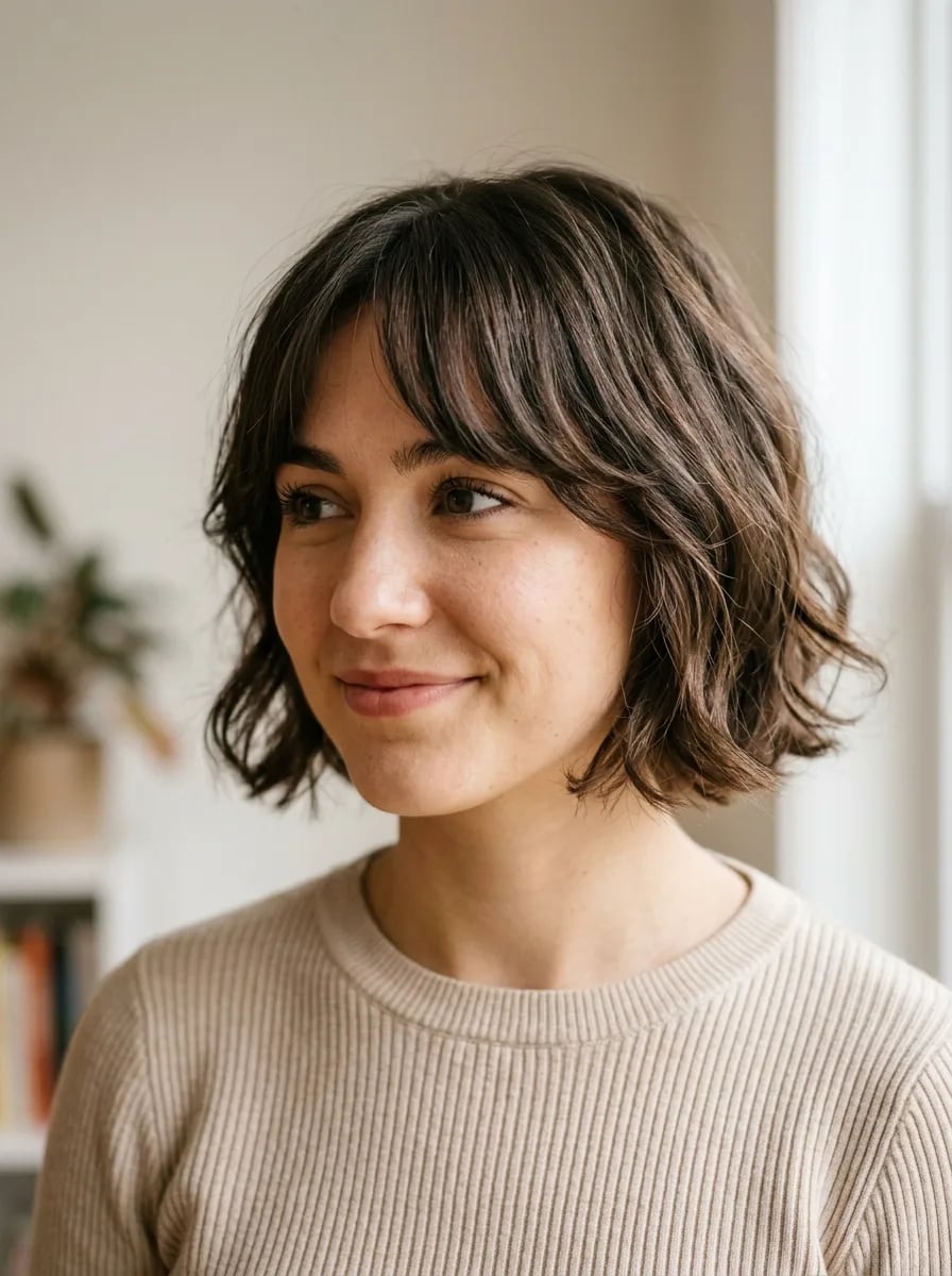 Collarbone Bob With Wavy Texture And Curtain Bangs — Short Bob Hairstyles
