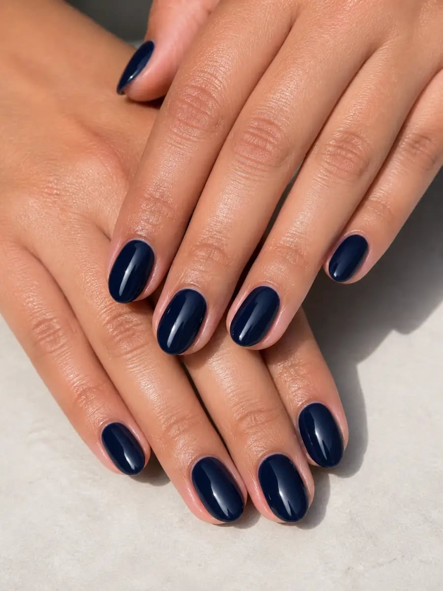 Deep Navy Blue Short Oval Glossy Nails — Short Classy Nails