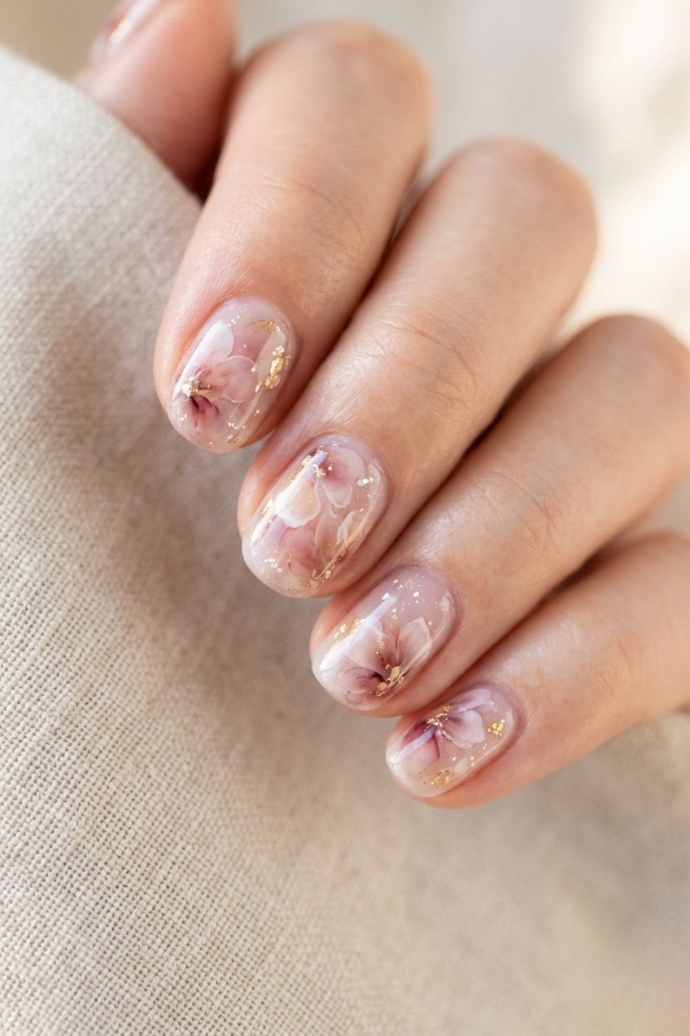 Watercolor Floral Gold Foil Soft Square Nails — Short Classy Nails