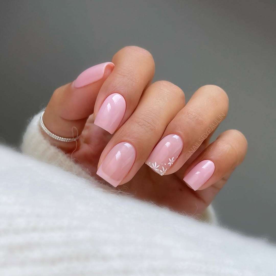 Delicate White Floral Milky Pink Soft Square Nails — Short Classy Nails