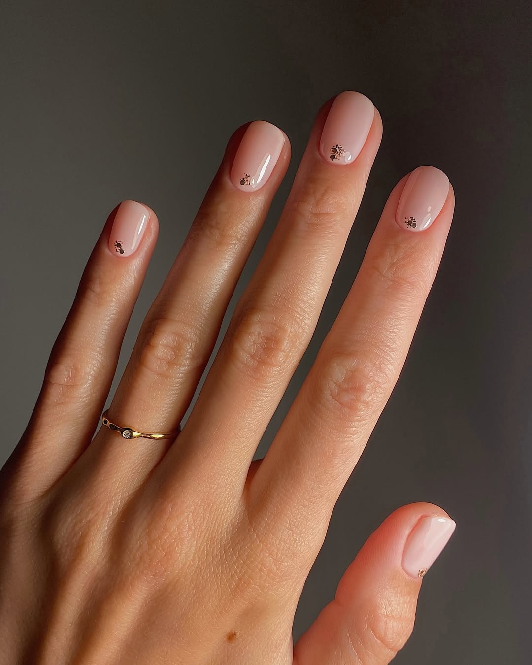 Milky Pink Nude Gold Dot Short Almond Nails — Short Classy Nails