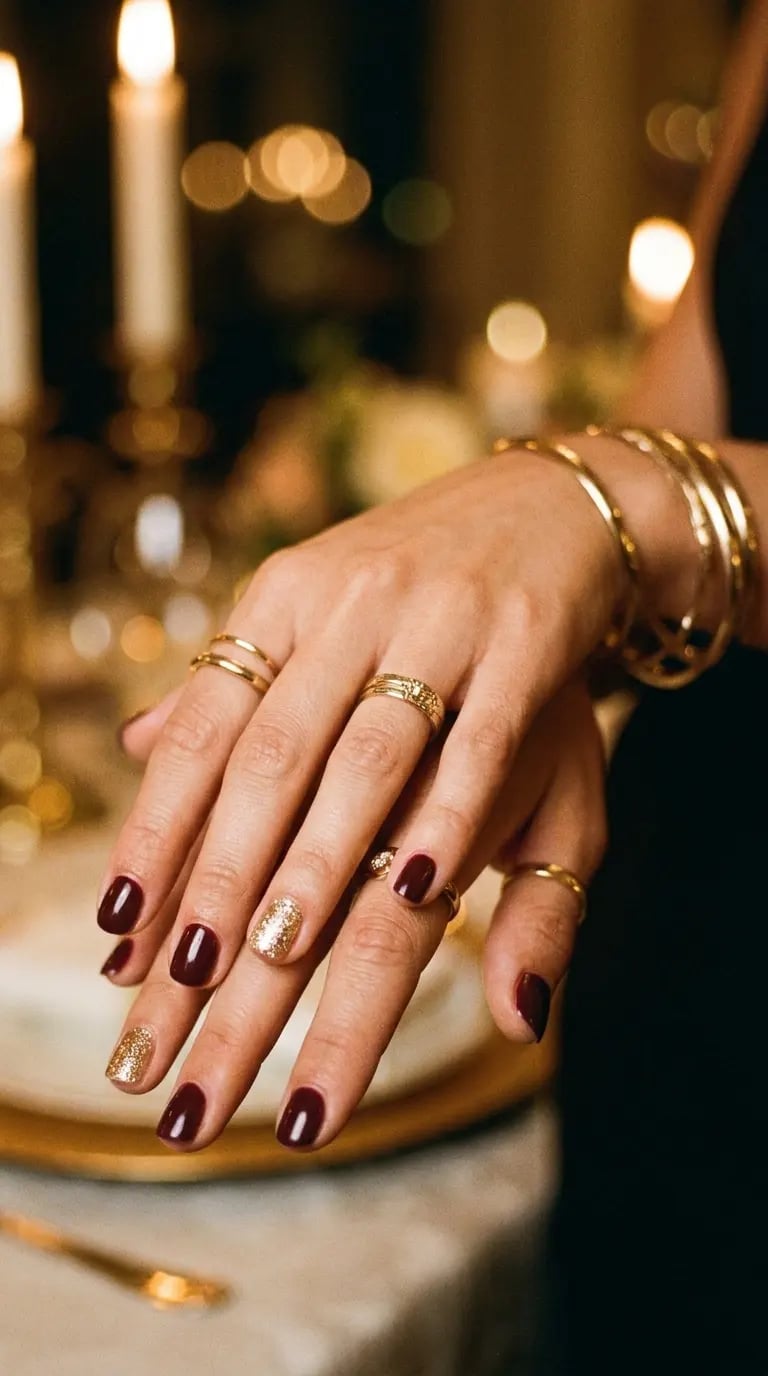 Burgundy Gold Glitter Accent Short Square Nails — Short Classy Nails