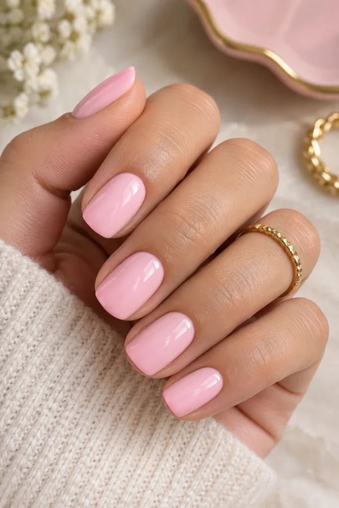 Opaque Soft Pink Glossy Short Square Nails — Short Classy Nails