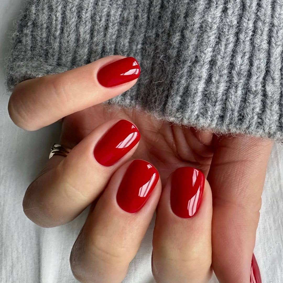 Vibrant Red Soft Square Glossy Nails — Short Classy Nails