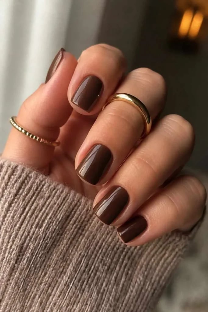 Deep Chocolate Brown Square Glossy Nails, Close-Up Take — Short Classy Nails