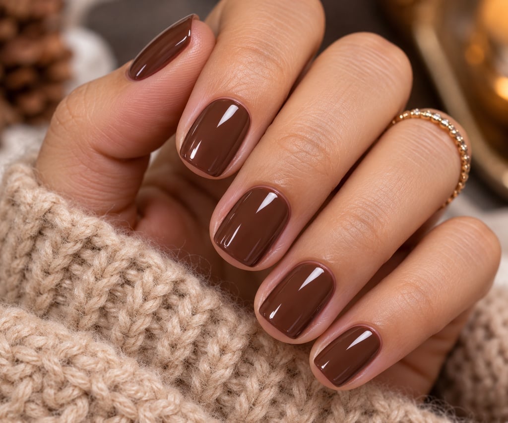 Opaque Dark Brown Soft Square Glossy Nails — Short Classy Nails