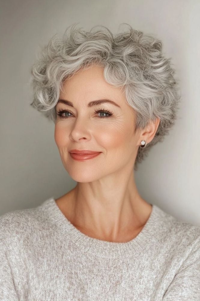 Gray Curly Pixie With Blowout Gray Curly Pixie With Blowout — Short Curly Hair