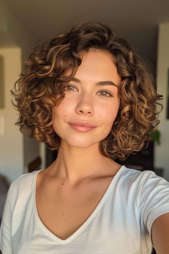 Voluminous Chestnut Bob With Balayage and Ear To Chin Voluminous Chestnut Bob With Balayage and Ear To Chin — Short Curly Hair