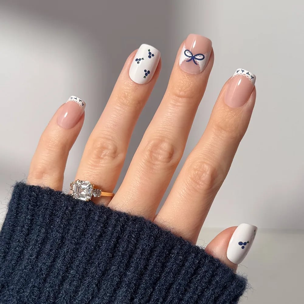 Nude French Tip Nails With Blue Bows And Berries — Short Cute Nails