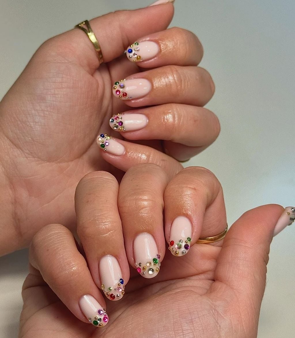 Sheer Nude Pink Nails With Rhinestone Cuticles — Short Cute Nails