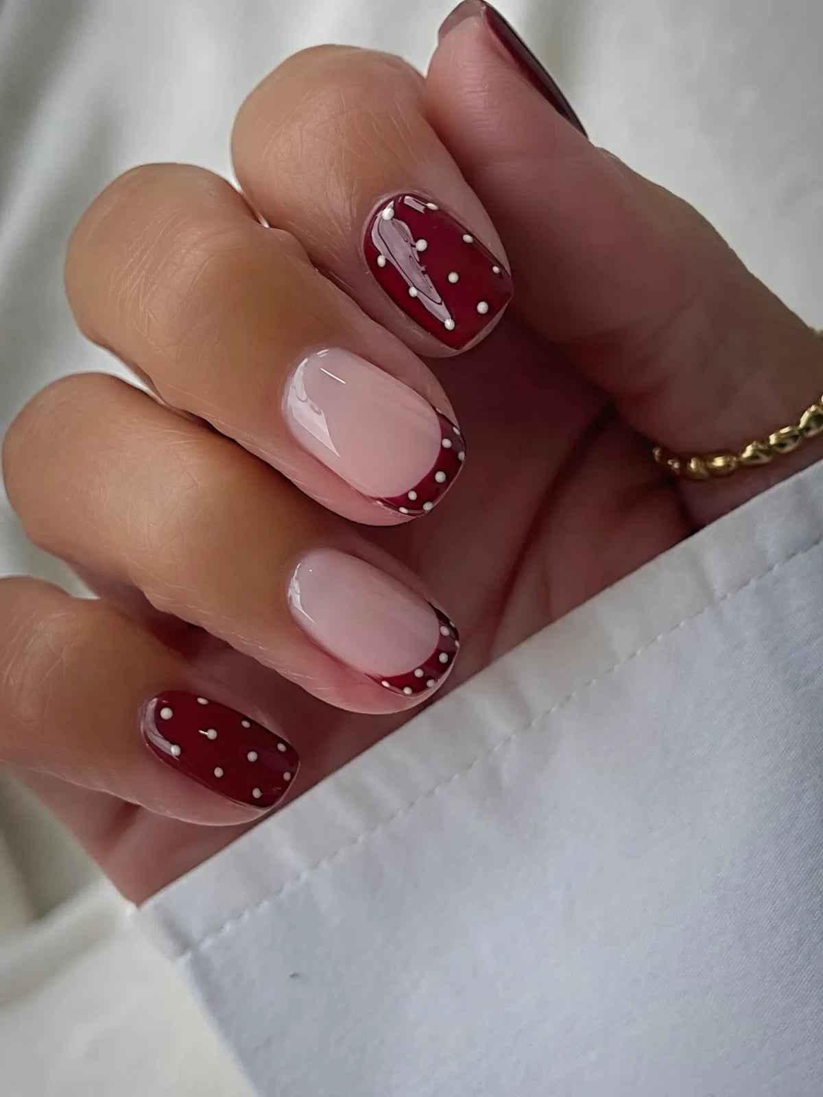 Dark Red Polka Dot And French Tip Nails — Short Cute Nails
