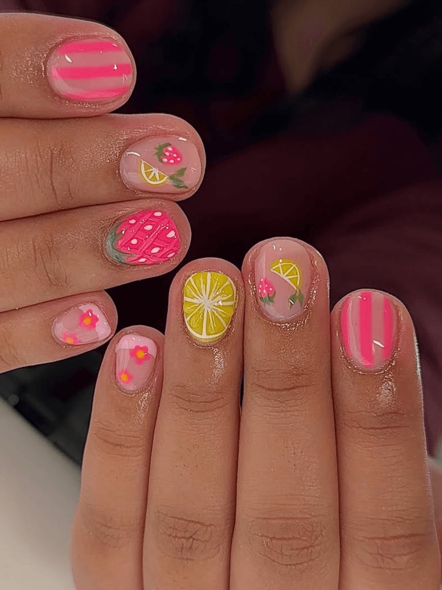 Mixed Fruit And Stripe Short Square Nails — Short Cute Nails