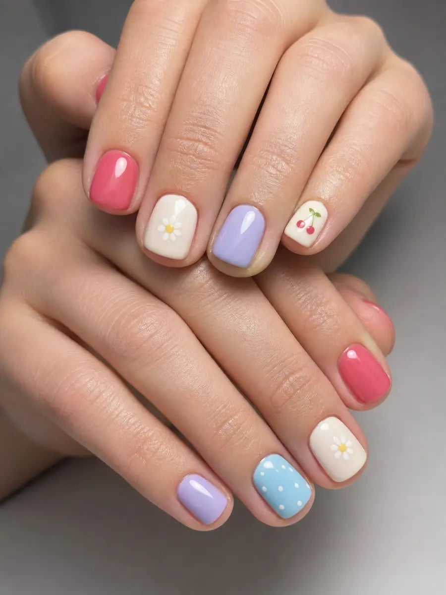 Pastel Mix Short Square Nails With Cute Motifs — Short Cute Nails