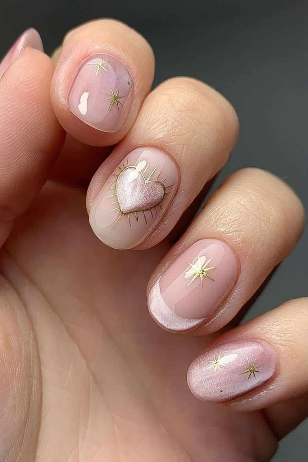 Shimmer Pink Nails With Gold Stars And Moon French Tip — Short Cute Nails