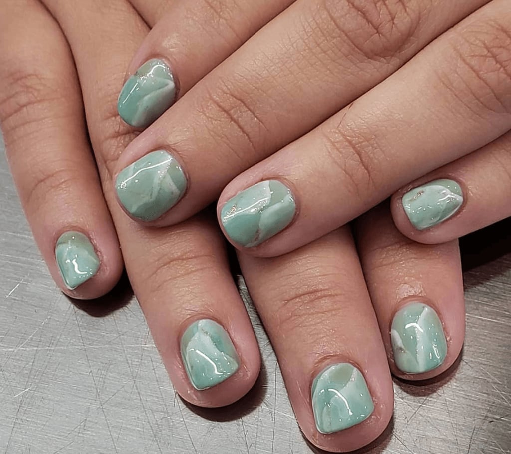 Mint Green Marble Effect Short Square Nails — Short Cute Nails