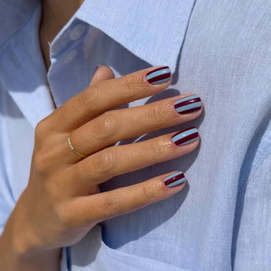 Burgundy And Light Blue Stripe Short Square Nails — Short Cute Nails