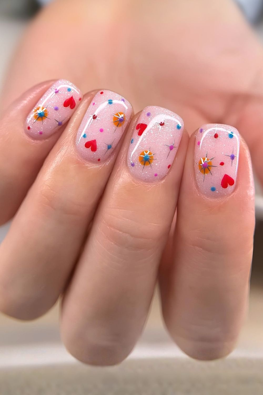 Pale Pink Shimmer Short Square Nails With Tiny Decals — Short Cute Nails