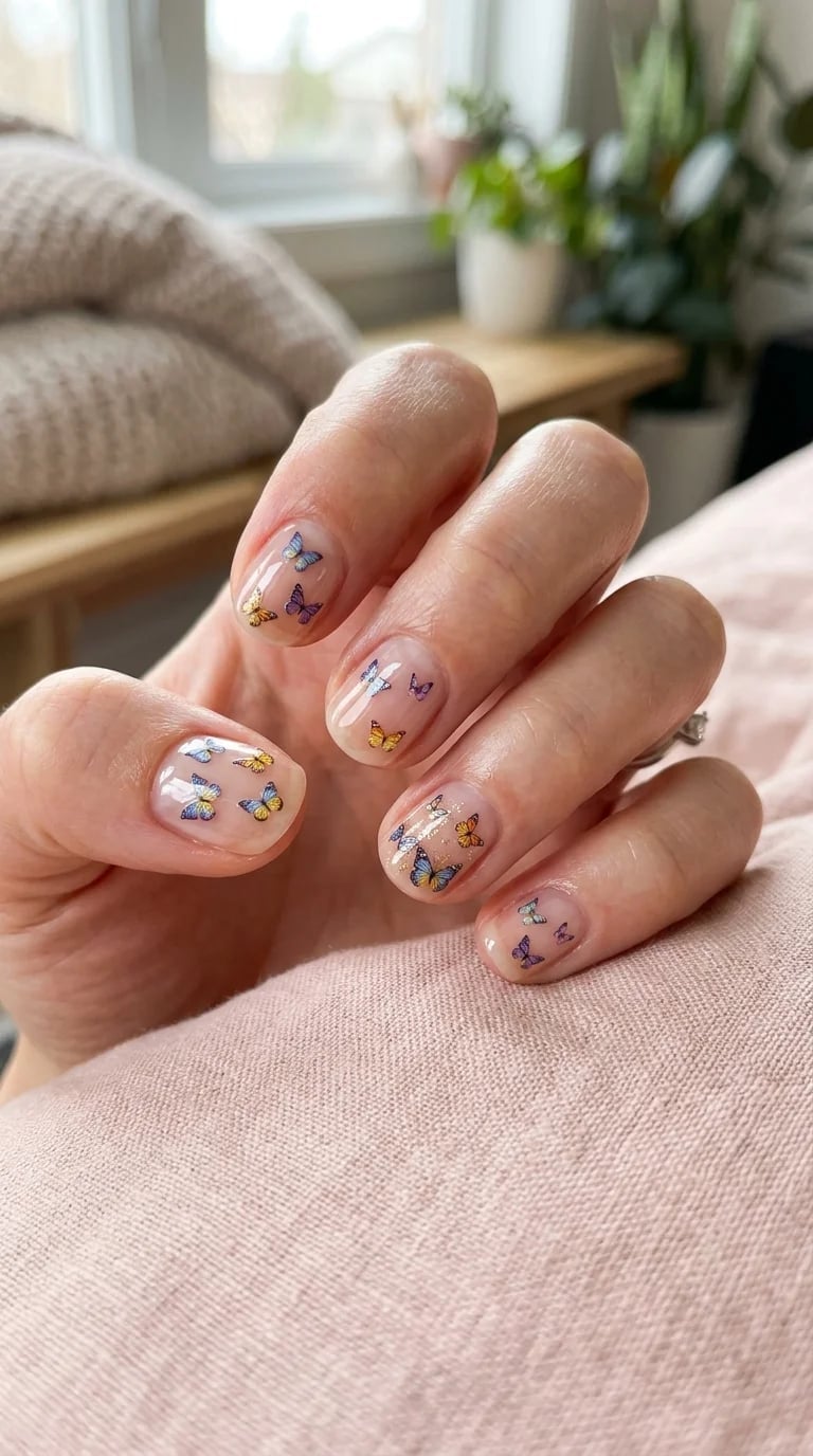 Clear Short Almond Nails With Butterfly Decals — Short Cute Nails