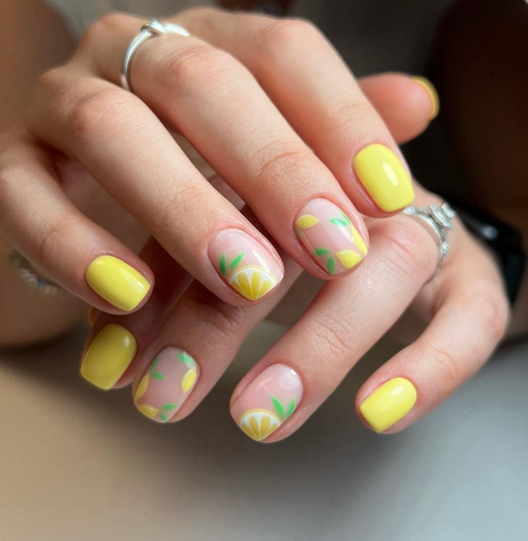 Vibrant Yellow And Pink Lemon Slice Nails — Short Cute Nails