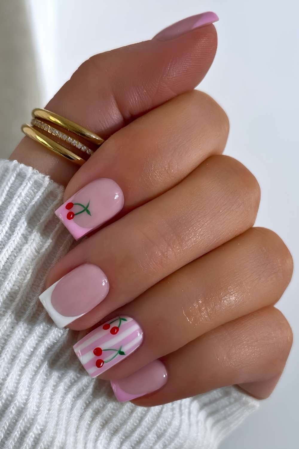 Pink French Tip And Cherry Decal Nails — Short Cute Nails