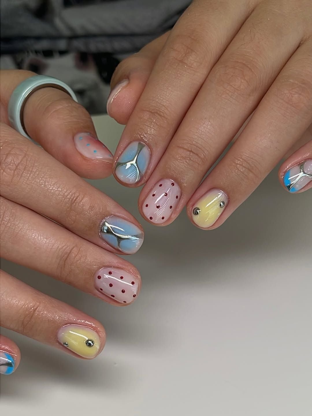 Mixed Pastel Nails With Dots, Art, And Studs — Short Cute Nails