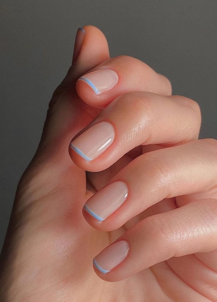 Nude Base Vibrant Light Blue French Tip Short Square Nails Nude Base Vibrant Light Blue French Tip Short Square Nails — Short French Tip Nails