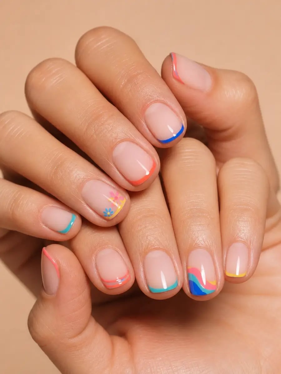 Nude Base Various Colored French Tips Short Almond Nails Nude Base Various Colored French Tips Short Almond Nails — Short French Tip Nails