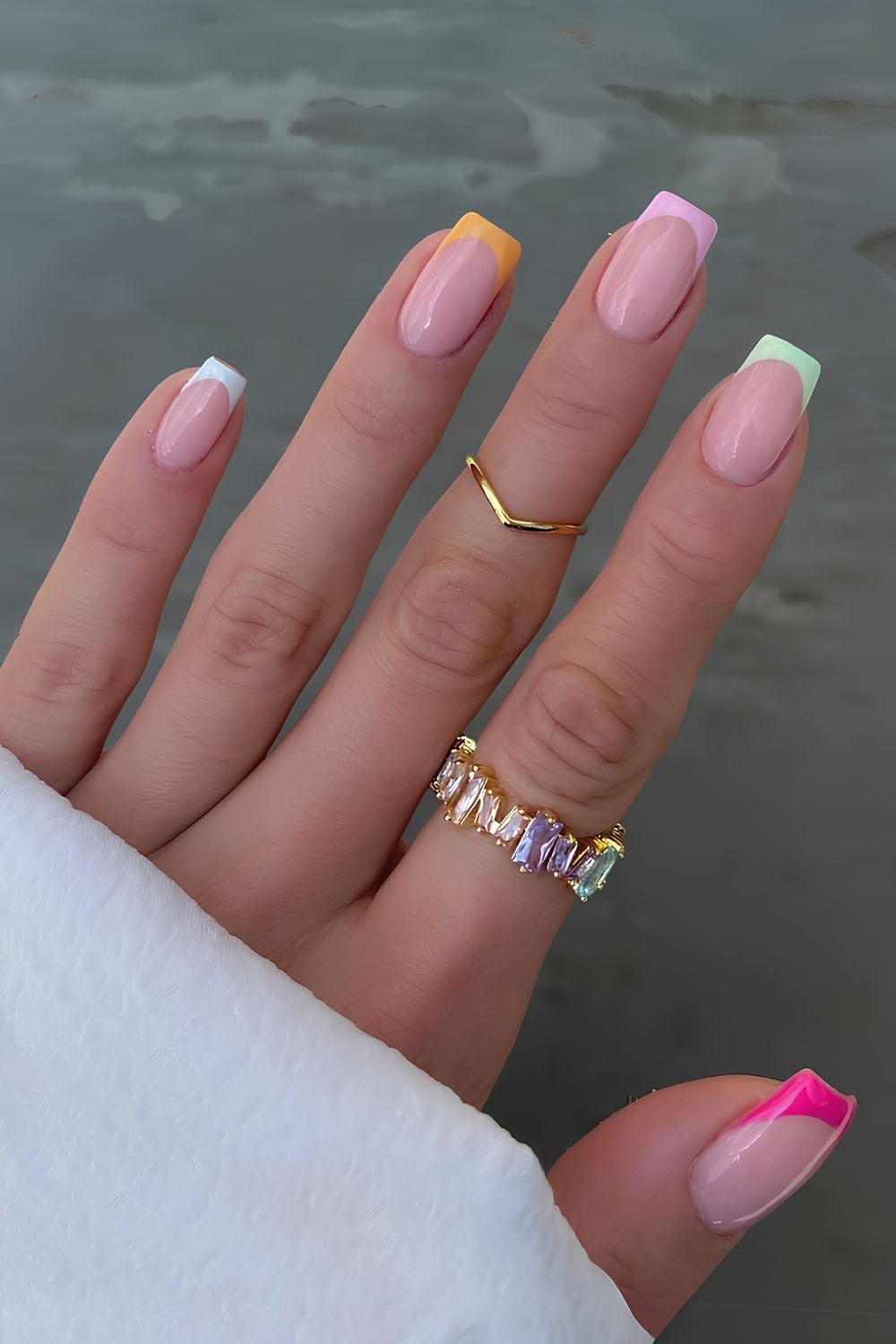 Sheer Pink Multi-Colored French Tip Short Square Nails Sheer Pink Multi-Colored French Tip Short Square Nails — Short French Tip Nails