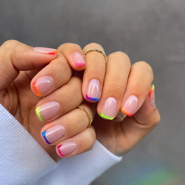 Sheer Pink Neon Multicolored French Tip Short Nails Sheer Pink Neon Multicolored French Tip Short Nails — Short French Tip Nails