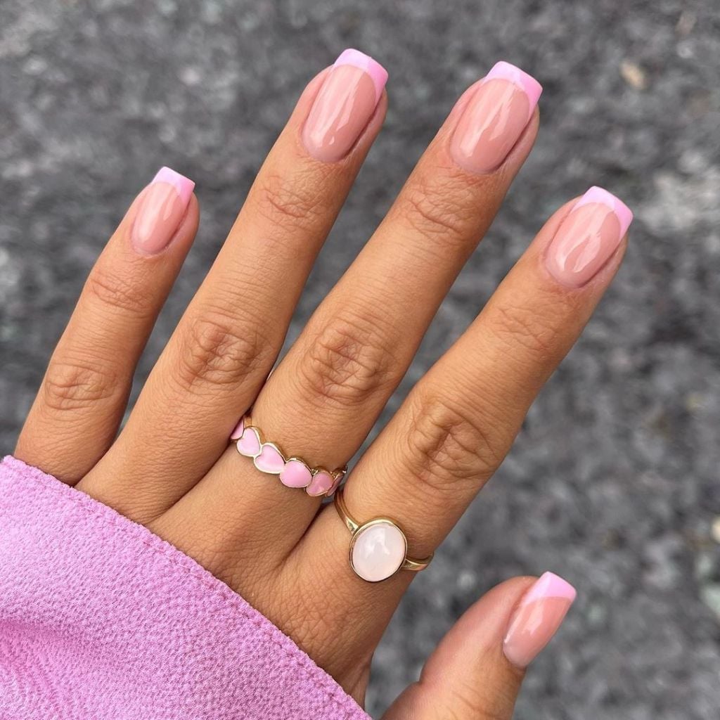 Sheer Pink Vibrant Pink French Tip Short Square Nails, Glossy Sheer Pink Vibrant Pink French Tip Short Square Nails, Glossy — Short French Tip Nails