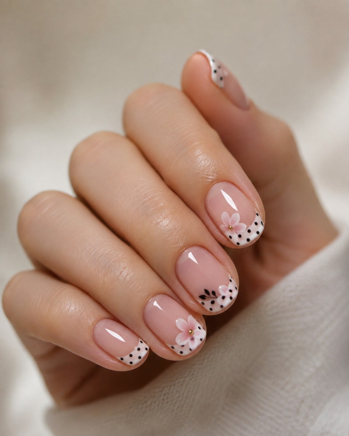 Sheer Pink Floral Polka Dot Short Almond Nails Sheer Pink Floral Polka Dot Short Almond Nails — Short French Tip Nails