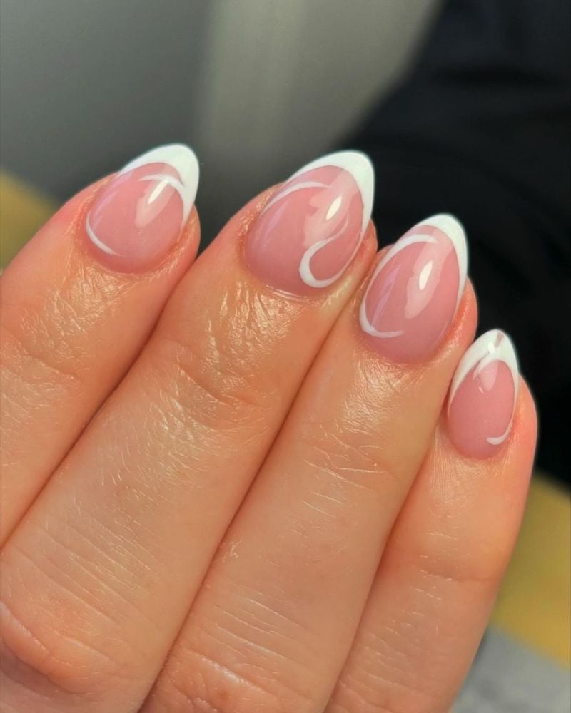 Nude Base White Swirl French Tip Short Oval Nails, Glossy Nude Base White Swirl French Tip Short Oval Nails, Glossy — Short French Tip Nails
