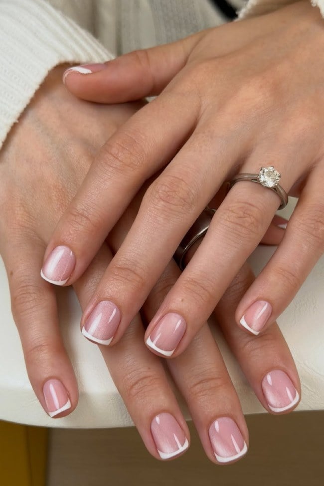 Sheer Pink Pearlescent Shimmer White French Tip Short Square Nails Sheer Pink Pearlescent Shimmer White French Tip Short Square Nails — Short French Tip Nails