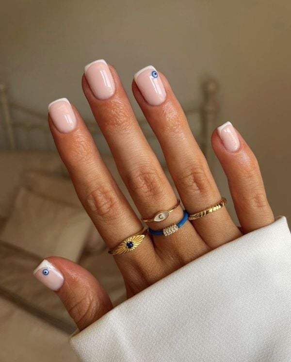 Sheer Pink Evil Eye French Tip Short Square Nails Sheer Pink Evil Eye French Tip Short Square Nails — Short French Tip Nails