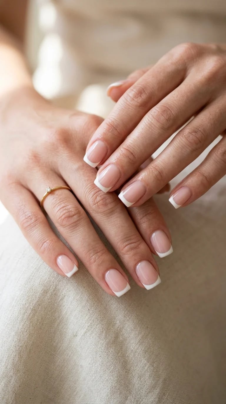 Nude Base Crisp White Tip Short Square Nails Nude Base Crisp White Tip Short Square Nails — Short French Tip Nails