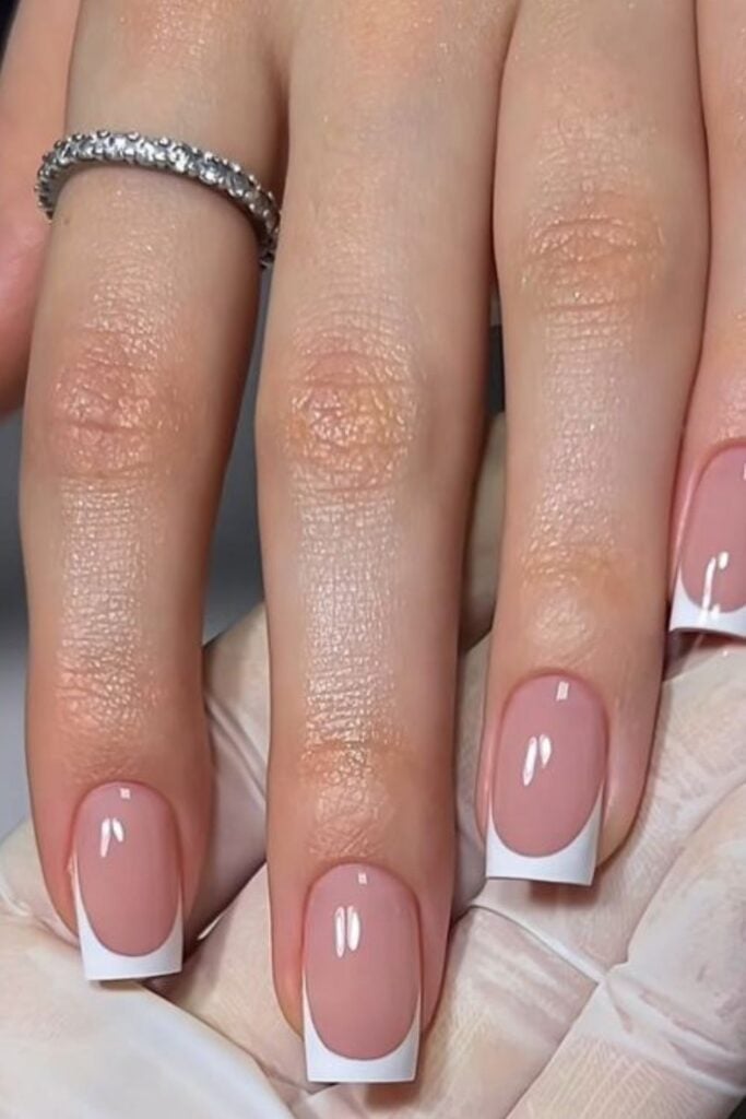 Nude Base Clean White Tip Short Square Nails, Glossy Nude Base Clean White Tip Short Square Nails, Glossy — Short French Tip Nails