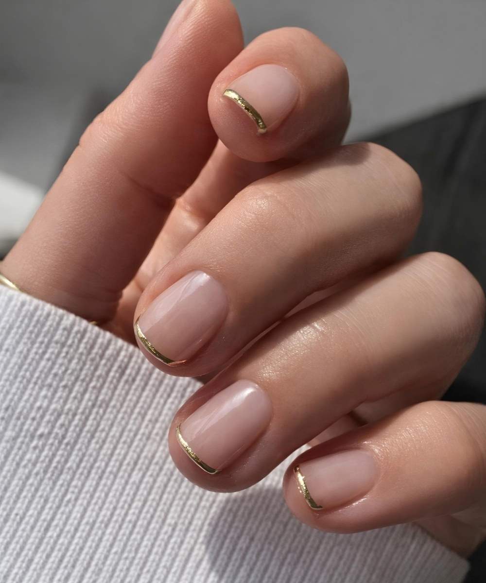 Sheer Nude Thin Gold Line Short Almond Nails Sheer Nude Thin Gold Line Short Almond Nails — Short French Tip Nails