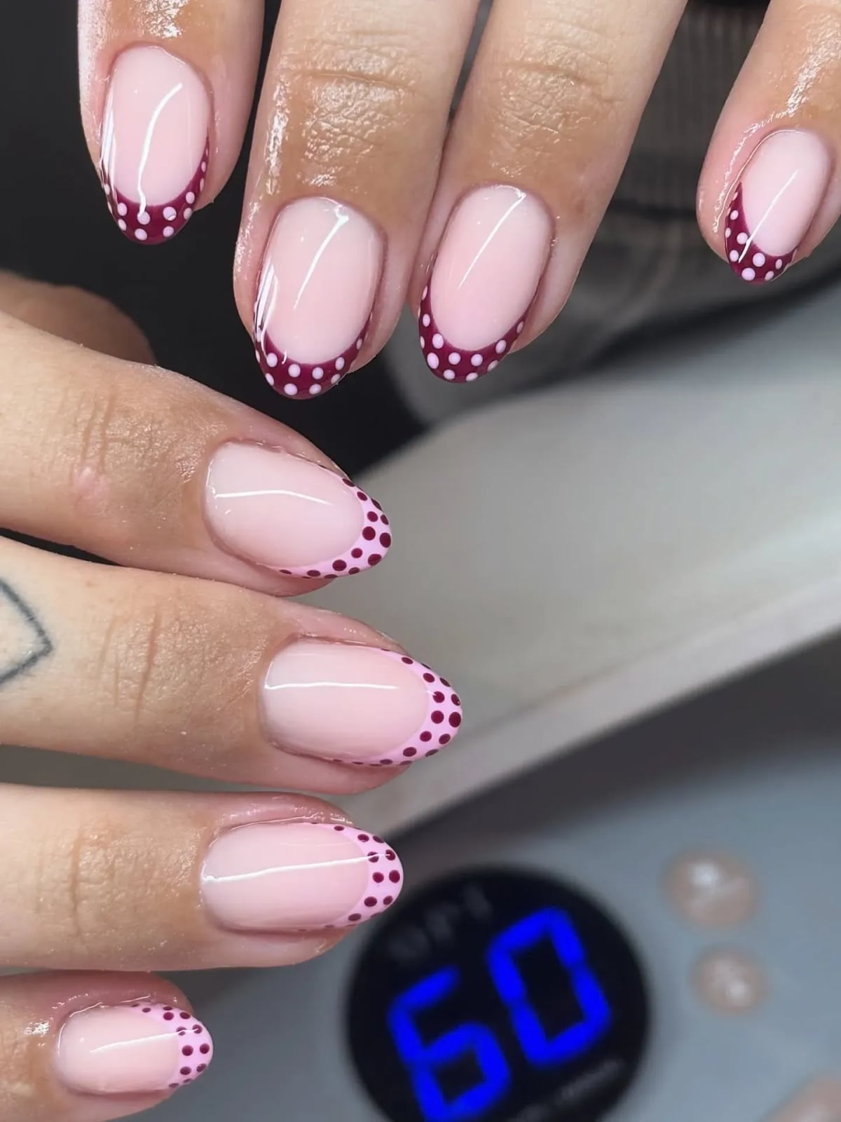 Polka Dot Border French Tip Short Oval — Short Gel Nails